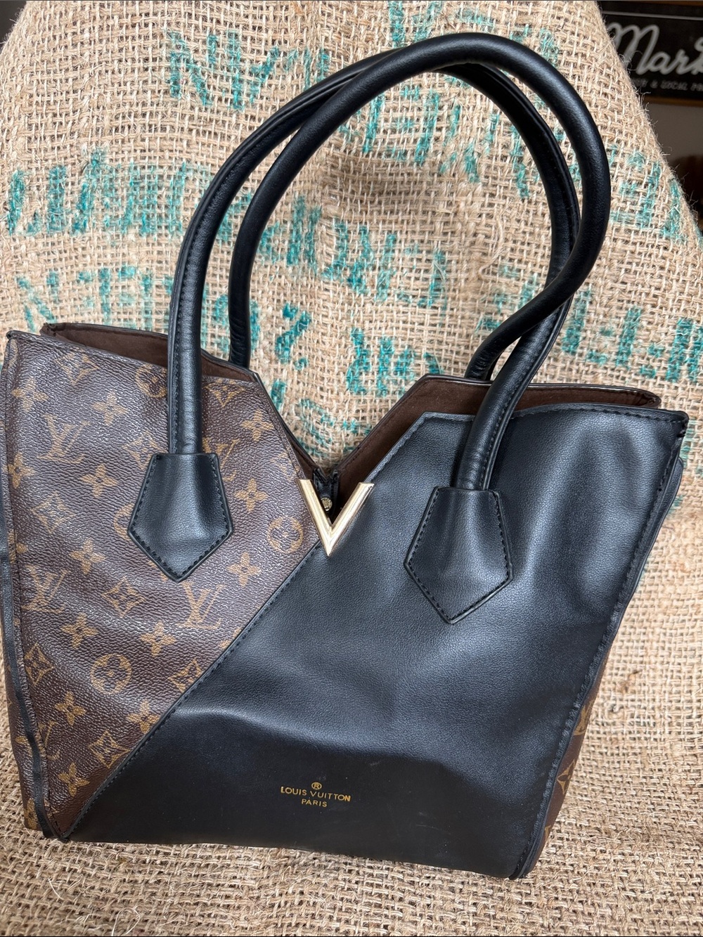 Inspired Black and Brown Monogram V-Accent Shoulder Bag